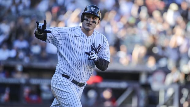 Sep 24, 2022; Bronx, New York, USA; New York Yankees first baseman Anthony Rizzo (48) gestures to the dugout after hitting a two run home run in the seventh inning against the Boston Red Sox at Yankee Stadium. Mandatory Credit: Wendell Cruz-USA TODAY Sports